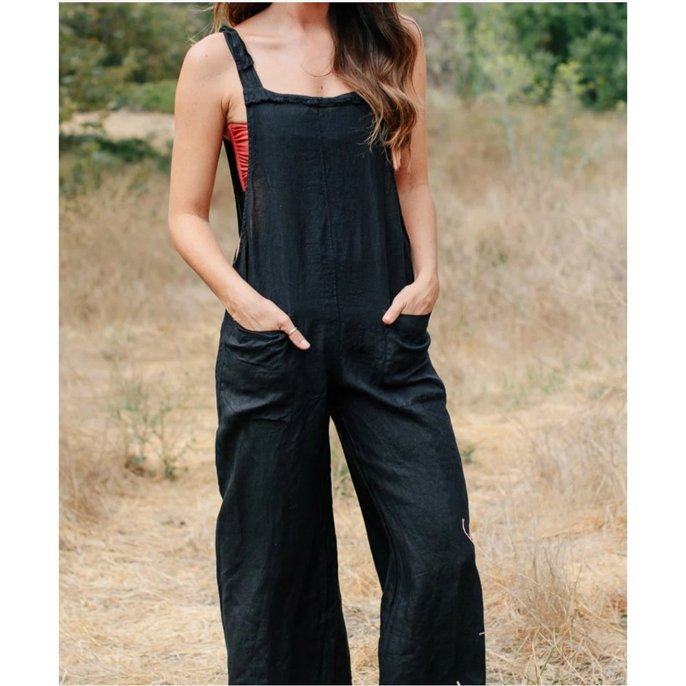 9seed black latigo linen overall P/S Black Linen Tie Strap Wide Leg Frayed Hem